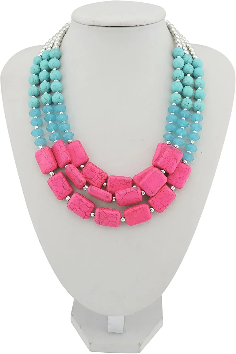 Bocar Statement 3 Strand Turquoise Colorful Chunky Necklace for Women Gifts