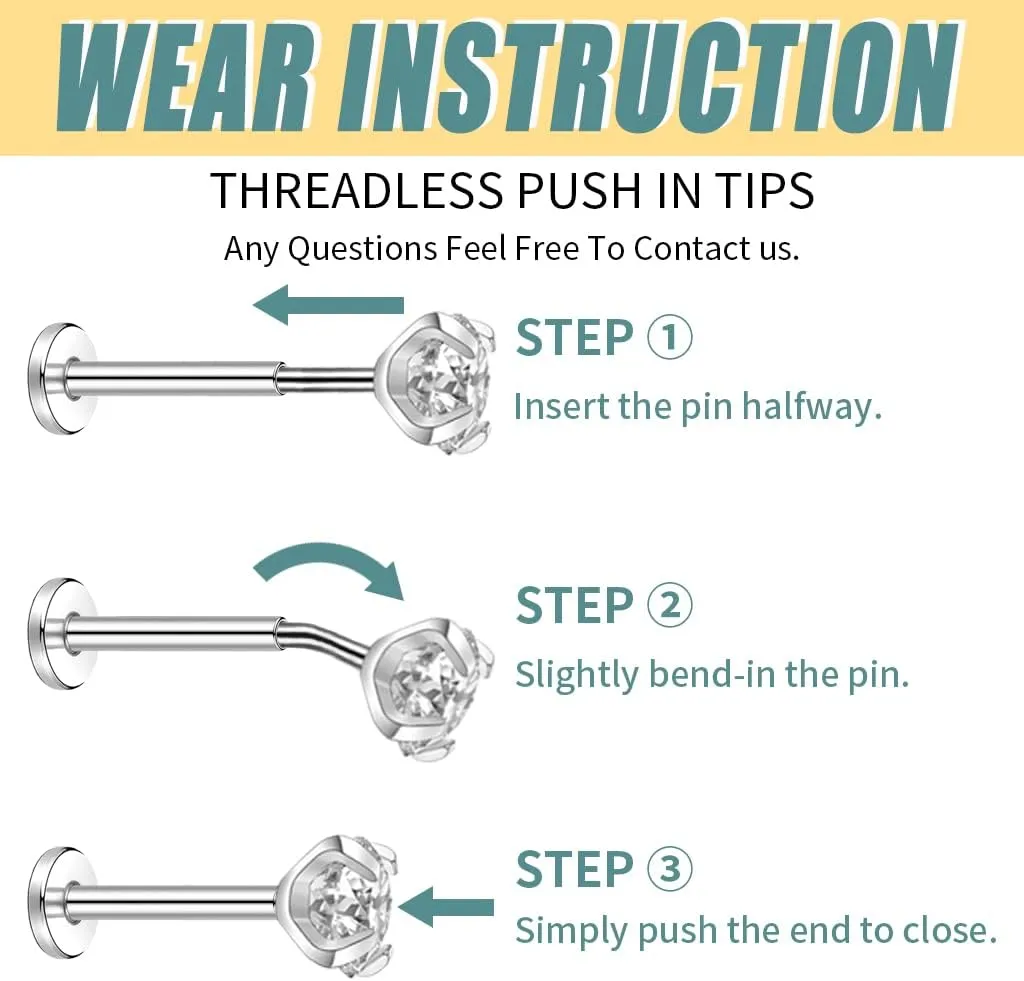 BodyAce 16G Push-In Lip Rings Tragus Earrings, Threadless Labret Studs Monroe Medusa Piercing Jewelry, Conch Helix Cartilage Earrings for Women Men