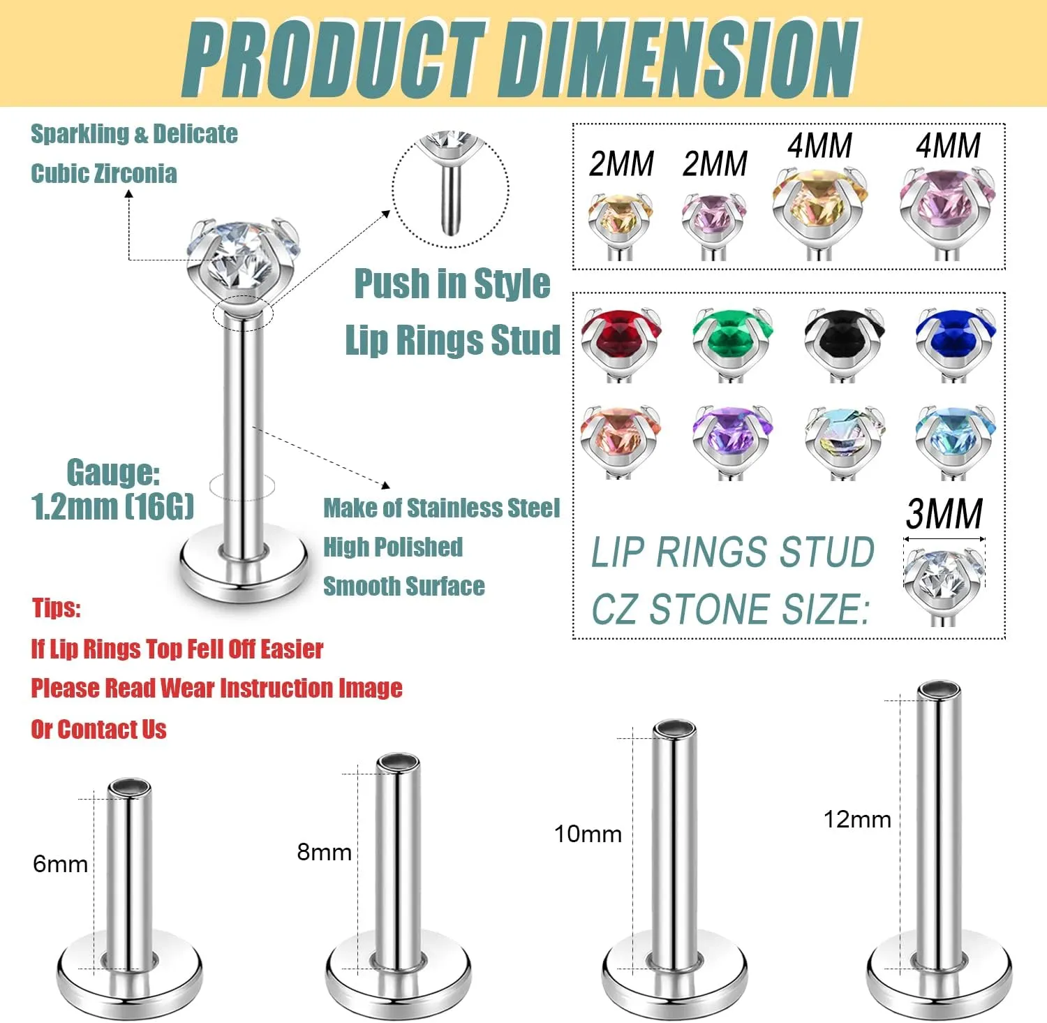 BodyAce 16G Push-In Lip Rings Tragus Earrings, Threadless Labret Studs Monroe Medusa Piercing Jewelry, Conch Helix Cartilage Earrings for Women Men