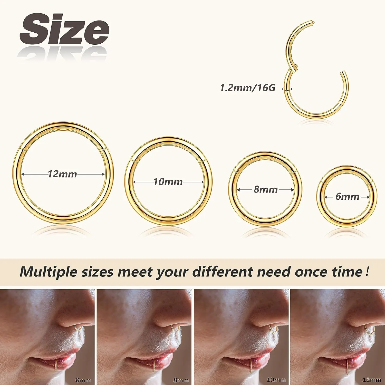 BodyBonita 4/5/8 pcs 16G/18G/20G 316L Surgical Steel Hinged Nose Rings Hoops Lip Septum Rings Helix Conch Rook Cartilage Tragus Earrings Piercing Jewelry Black Silver Gold Nose Rings for Women Men