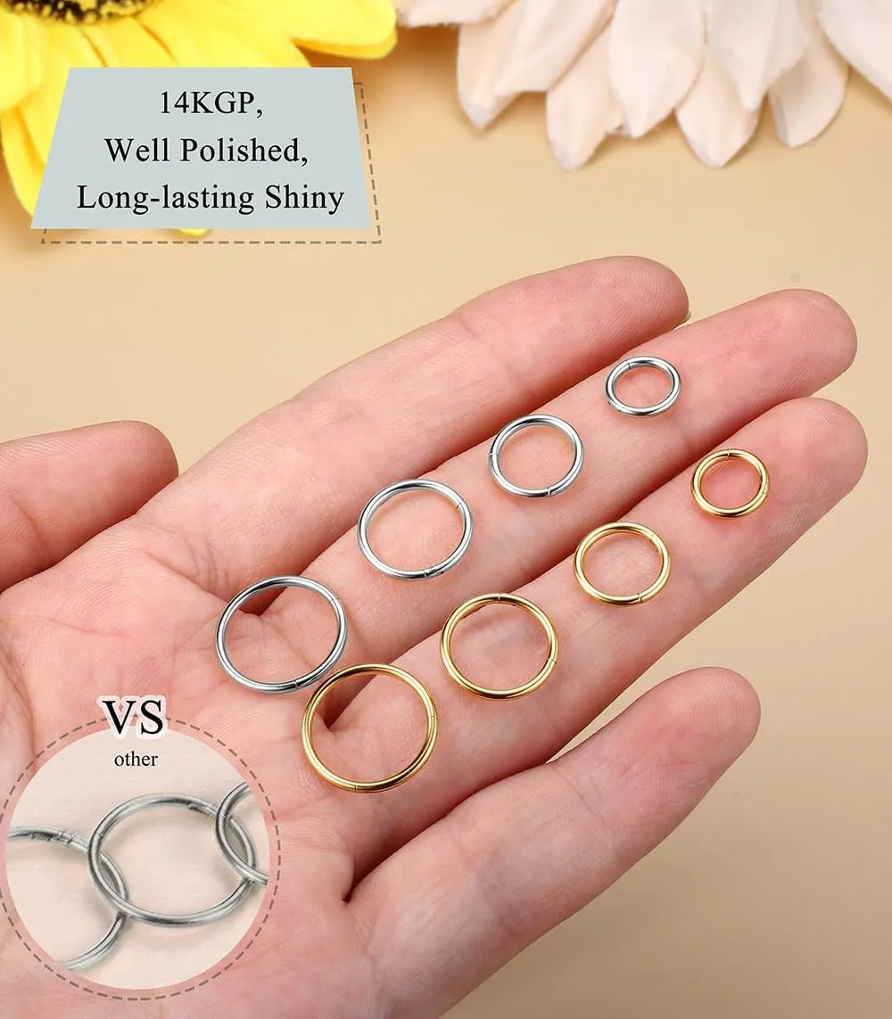 BodyBonita 4/5/8 pcs 16G/18G/20G 316L Surgical Steel Hinged Nose Rings Hoops Lip Septum Rings Helix Conch Rook Cartilage Tragus Earrings Piercing Jewelry Black Silver Gold Nose Rings for Women Men