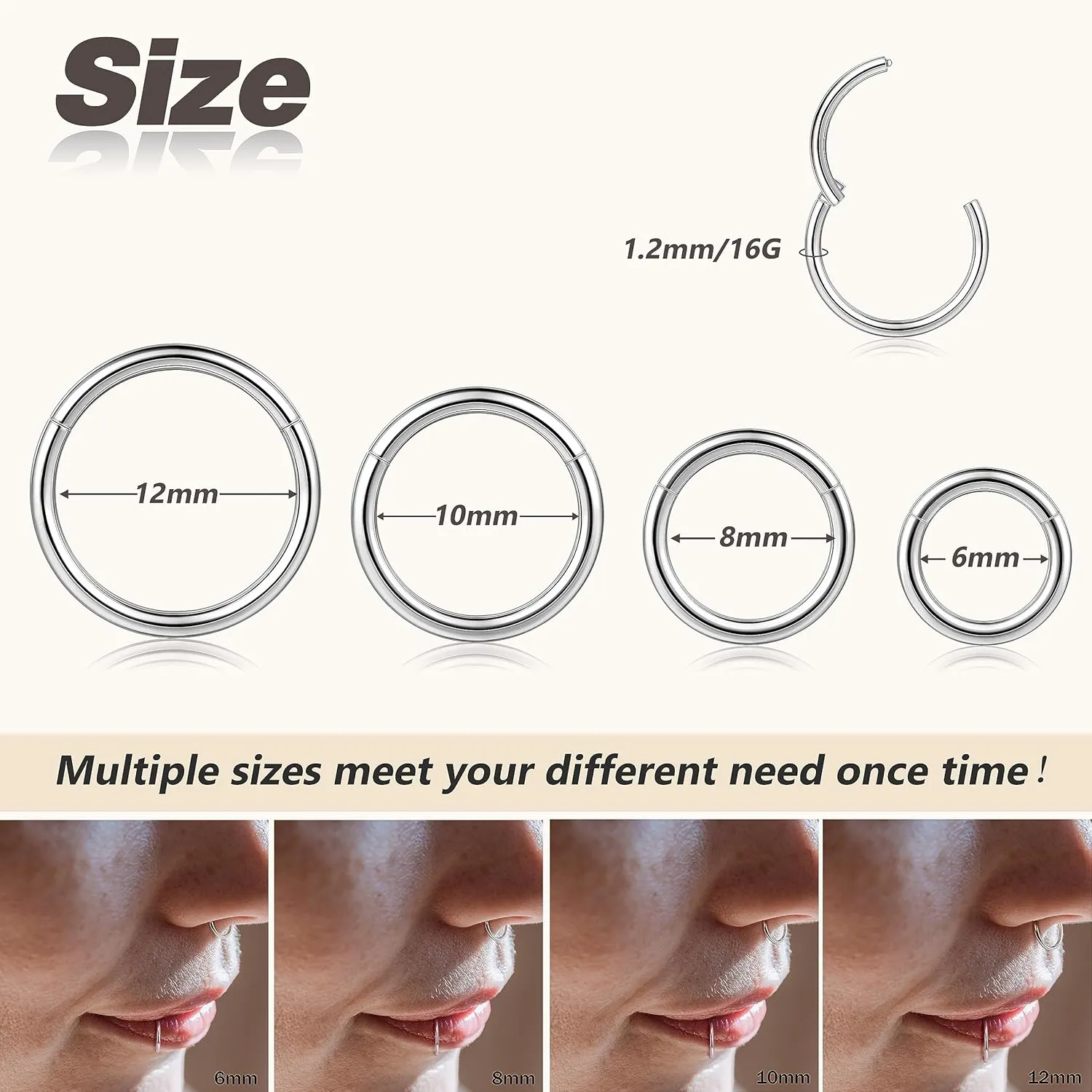 BodyBonita 4/5/8 pcs 16G/18G/20G 316L Surgical Steel Hinged Nose Rings Hoops Lip Septum Rings Helix Conch Rook Cartilage Tragus Earrings Piercing Jewelry Black Silver Gold Nose Rings for Women Men