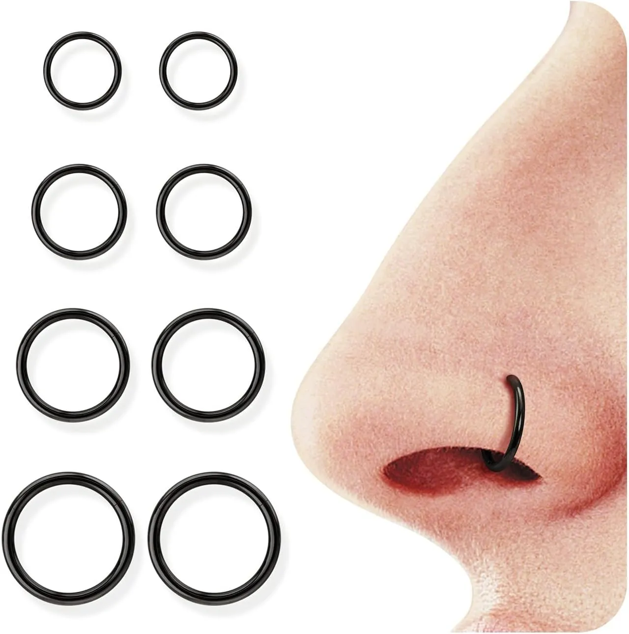 BodyBonita 4/5/8 pcs 16G/18G/20G 316L Surgical Steel Hinged Nose Rings Hoops Lip Septum Rings Helix Conch Rook Cartilage Tragus Earrings Piercing Jewelry Black Silver Gold Nose Rings for Women Men
