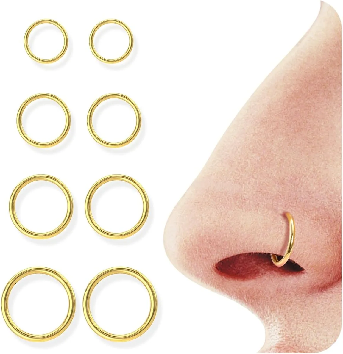 BodyBonita 4/5/8 pcs 16G/18G/20G 316L Surgical Steel Hinged Nose Rings Hoops Lip Septum Rings Helix Conch Rook Cartilage Tragus Earrings Piercing Jewelry Black Silver Gold Nose Rings for Women Men