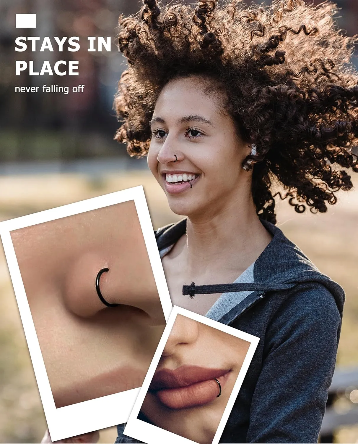 BodyBonita 4/5/8 pcs 16G/18G/20G 316L Surgical Steel Hinged Nose Rings Hoops Lip Septum Rings Helix Conch Rook Cartilage Tragus Earrings Piercing Jewelry Black Silver Gold Nose Rings for Women Men