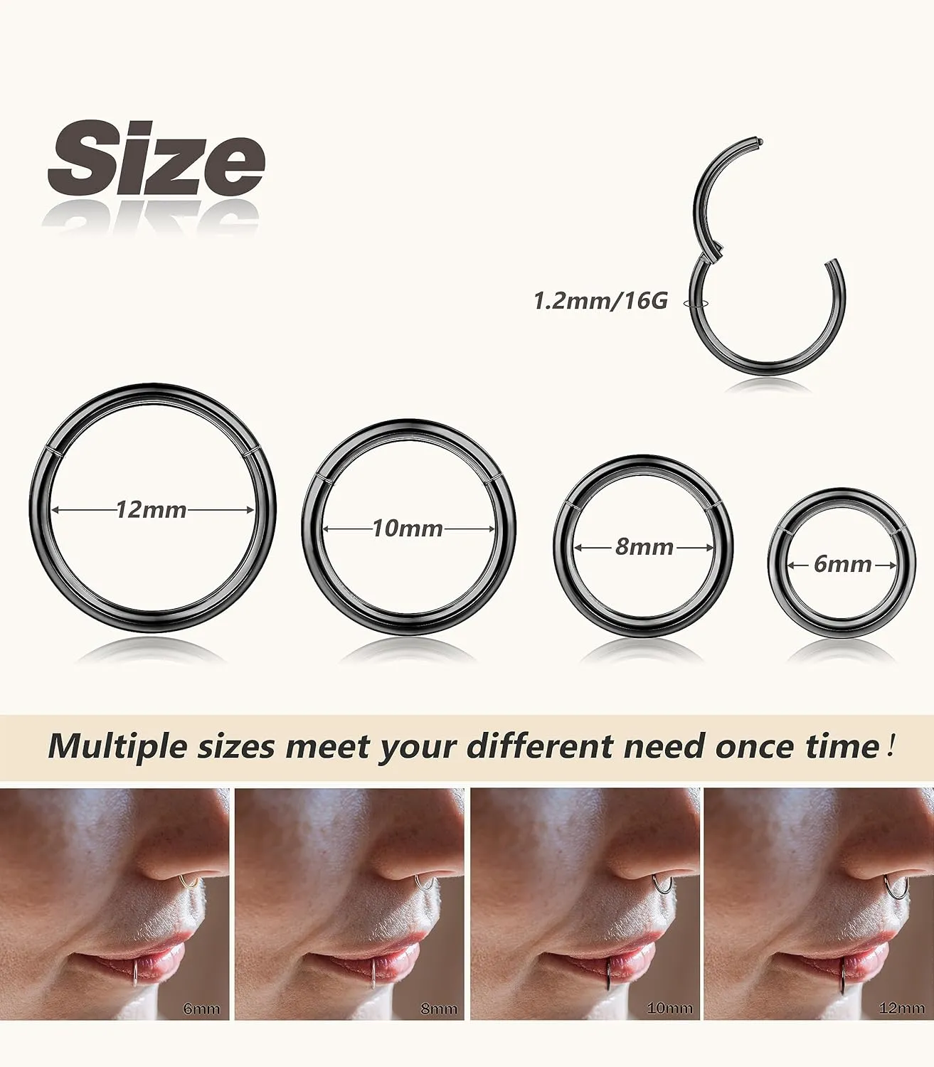 BodyBonita 4/5/8 pcs 16G/18G/20G 316L Surgical Steel Hinged Nose Rings Hoops Lip Septum Rings Helix Conch Rook Cartilage Tragus Earrings Piercing Jewelry Black Silver Gold Nose Rings for Women Men