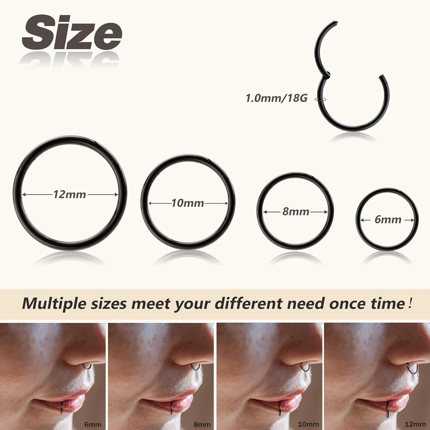 BodyBonita 4/5/8 pcs 16G/18G/20G 316L Surgical Steel Hinged Nose Rings Hoops Lip Septum Rings Helix Conch Rook Cartilage Tragus Earrings Piercing Jewelry Black Silver Gold Nose Rings for Women Men