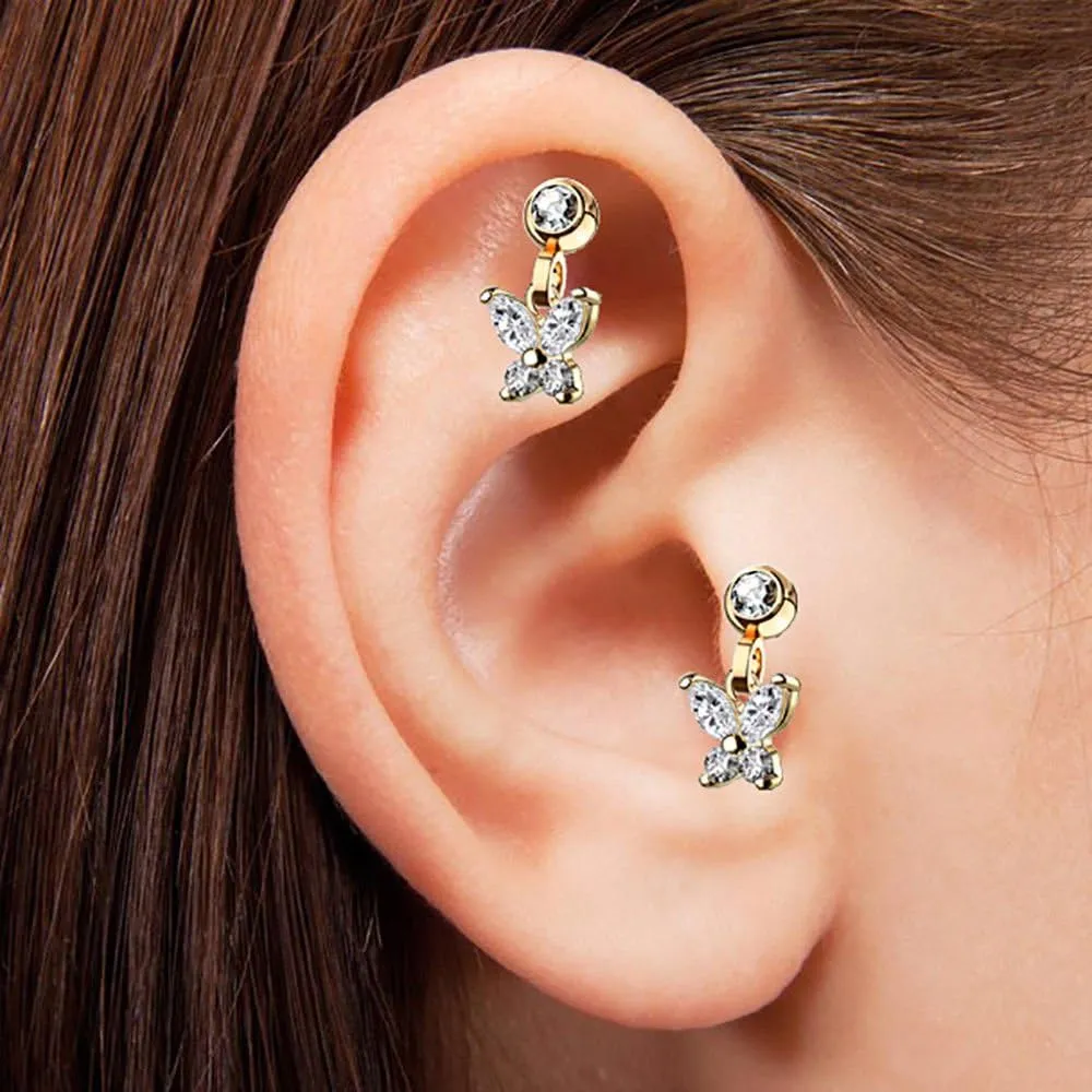 BodyJewelryOnline Ear Cartilage/Tragus with CZ Paved Crescent Butterfly Dangle Jeweled Set Ball Made of Surgical Steel Barbell Studs