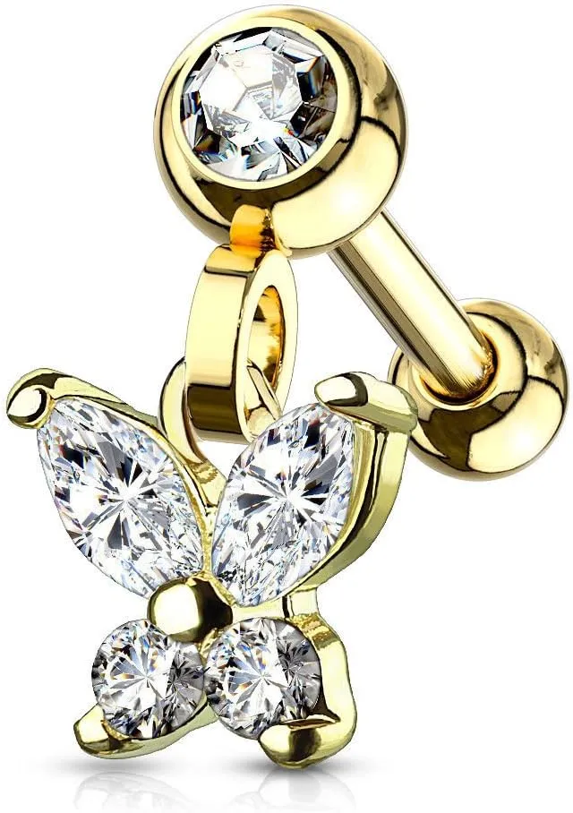 BodyJewelryOnline Ear Cartilage/Tragus with CZ Paved Crescent Butterfly Dangle Jeweled Set Ball Made of Surgical Steel Barbell Studs
