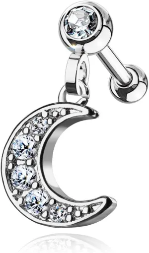 BodyJewelryOnline Ear Cartilage/Tragus with CZ Paved Crescent Moon Dangle Jeweled Set Ball Made of Surgical Steel Barbell Studs