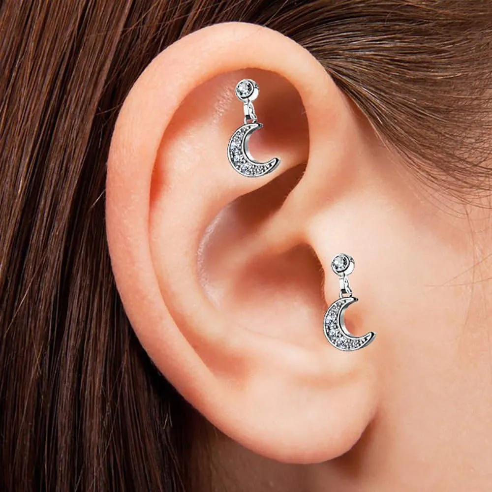 BodyJewelryOnline Ear Cartilage/Tragus with CZ Paved Crescent Moon Dangle Jeweled Set Ball Made of Surgical Steel Barbell Studs