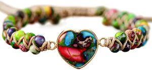 Bohemia Colorful Beaded Woven Strand Bracelet for Women, Love Heart Charms Bracelet Natural Stone String Wrap Adjustable Beach Jewelry
