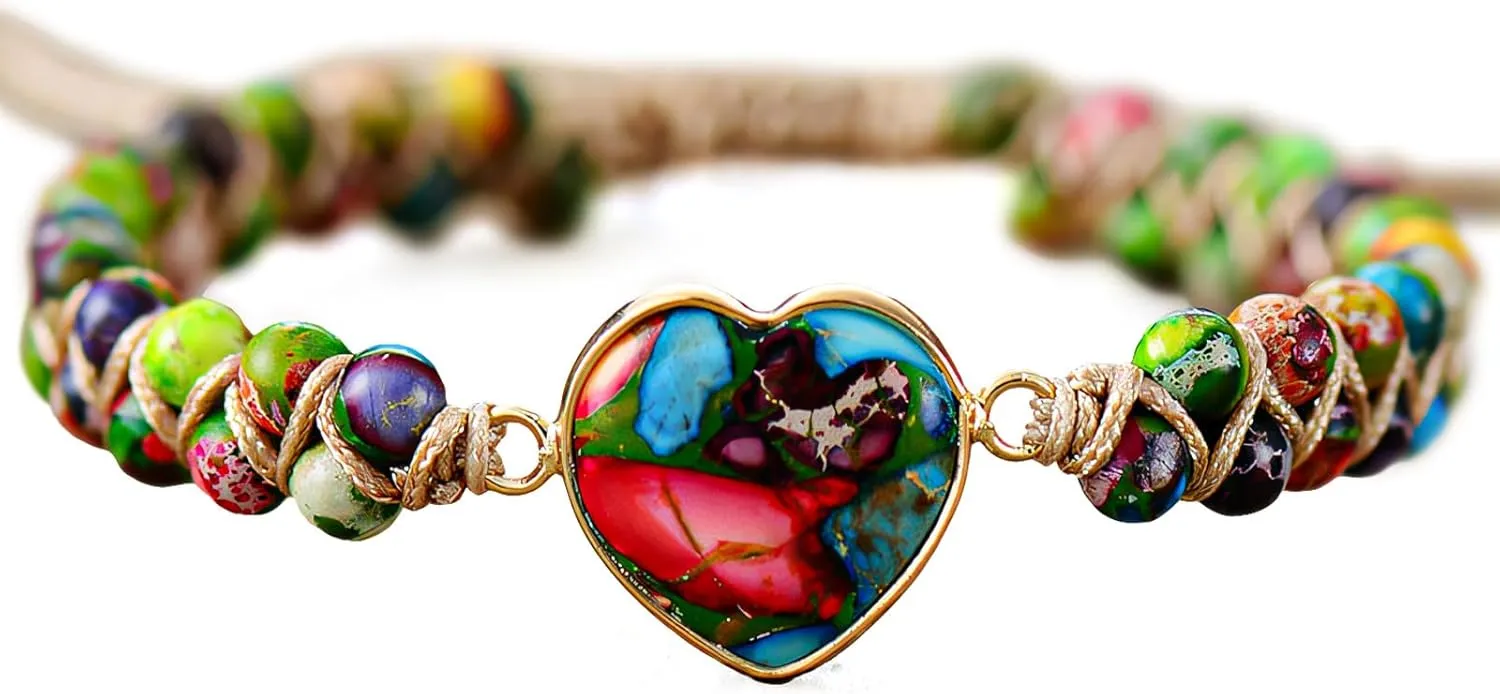 Bohemia Colorful Beaded Woven Strand Bracelet for Women, Love Heart Charms Bracelet Natural Stone String Wrap Adjustable Beach Jewelry