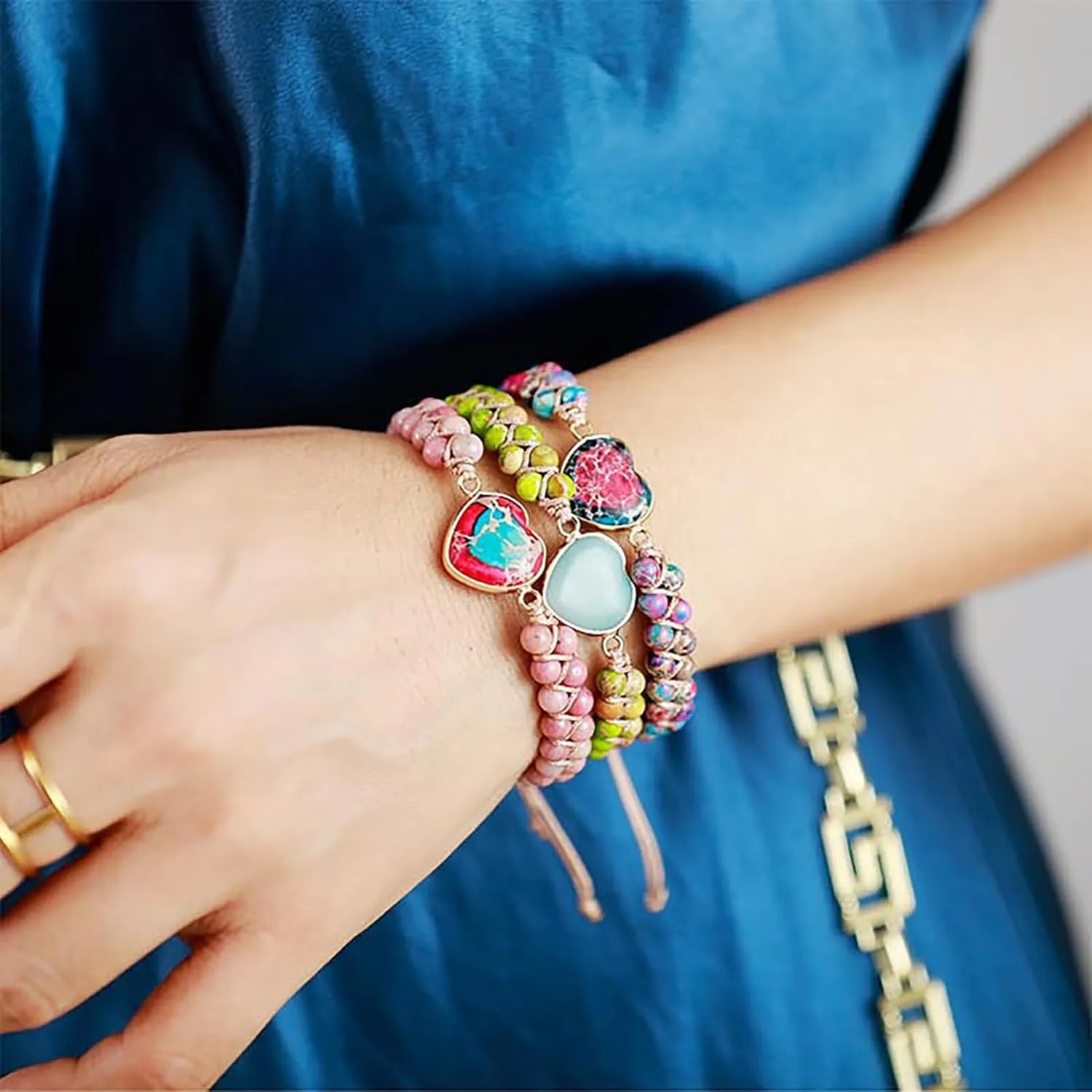 Bohemia Colorful Beaded Woven Strand Bracelet for Women, Love Heart Charms Bracelet Natural Stone String Wrap Adjustable Beach Jewelry