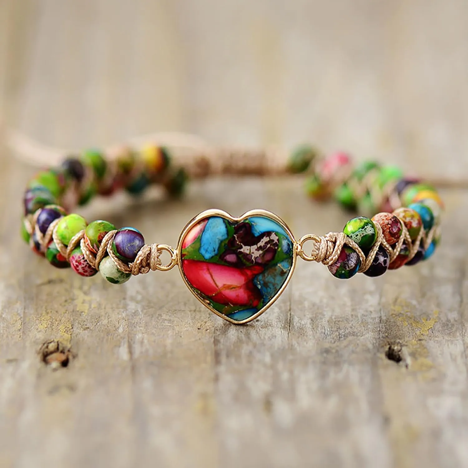 Bohemia Colorful Beaded Woven Strand Bracelet for Women, Love Heart Charms Bracelet Natural Stone String Wrap Adjustable Beach Jewelry