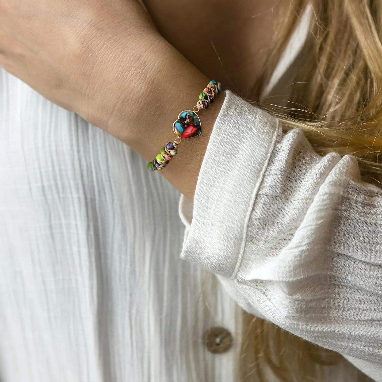 Bohemia Colorful Beaded Woven Strand Bracelet for Women, Love Heart Charms Bracelet Natural Stone String Wrap Adjustable Beach Jewelry