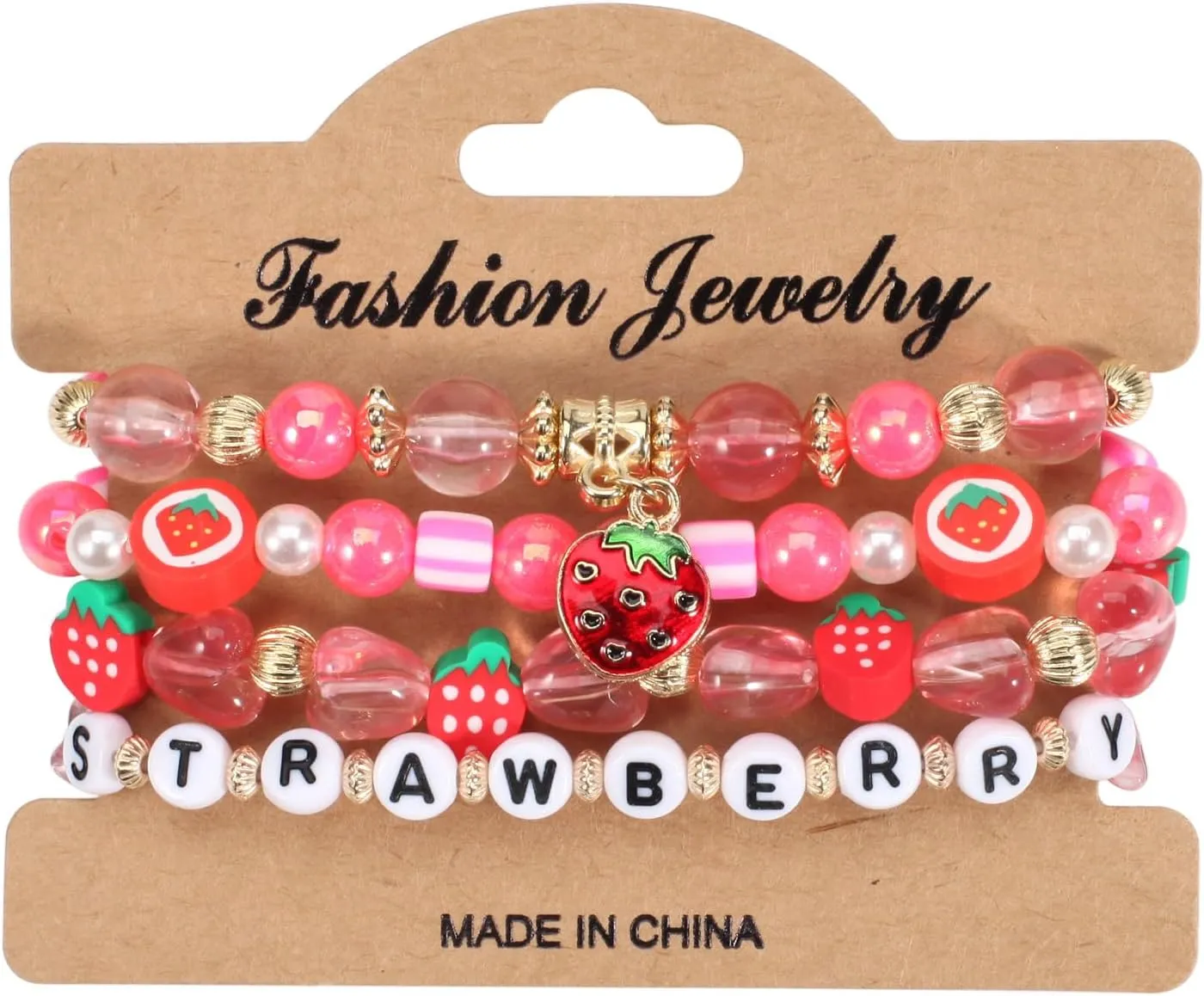 Bohemian Boho Stackable Strawberries Charm Bracelets Set for Women, Girls Heishi Multilayer Stack Pink Beaded Crystal Stretch Bracelet Dainty Handmade Friendship Birthday Valentine's Day Gifts