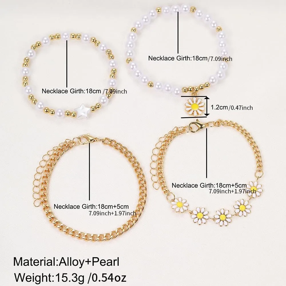 Bohemian Sunflower Imitation Pearl Beaded Charm Bracelets Set Handmade Adjustable Daisy Flower Stretch Bracelet Stackable Clay Gold Bead Friendship Jewelry for Women Summer Beach Vacation Gifts