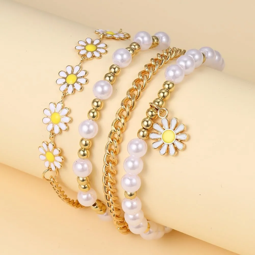 Bohemian Sunflower Imitation Pearl Beaded Charm Bracelets Set Handmade Adjustable Daisy Flower Stretch Bracelet Stackable Clay Gold Bead Friendship Jewelry for Women Summer Beach Vacation Gifts