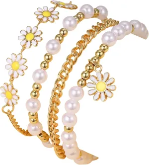 Bohemian Sunflower Imitation Pearl Beaded Charm Bracelets Set Handmade Adjustable Daisy Flower Stretch Bracelet Stackable Clay Gold Bead Friendship Jewelry for Women Summer Beach Vacation Gifts