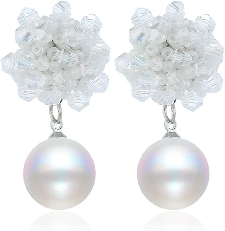 Boho Beaded Pearl Dangle Drop Earrings for Women Girls Piercing Ear Bohemian Big Round Ball Bead Stud Post Handmade Cluster Fashion Earring Jewelry Gifts 5 Colors (White)