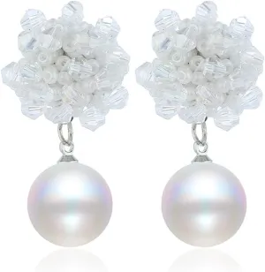 Boho Beaded Pearl Dangle Drop Earrings for Women Girls Piercing Ear Bohemian Big Round Ball Bead Stud Post Handmade Cluster Fashion Earring Jewelry Gifts 5 Colors (White)