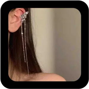 Boho Butterfly Tassel Ear Clip Earrings Tassel Chain Ear Cuff Earrings Silver Butterfly Ear Wrap Earrings Long Chain Dangle Earrings Jewelry for Women