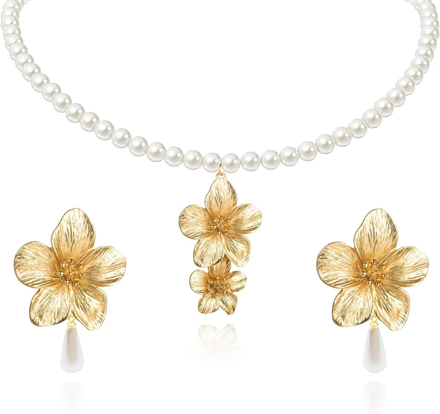 Boho Flower Earrings Necklace Stes for Women Handmade Pearl Flower Necklace Layered Floral Petal Earrings Cute Boho Matte Flower Statement Earrings Boho Wedding Jewelry