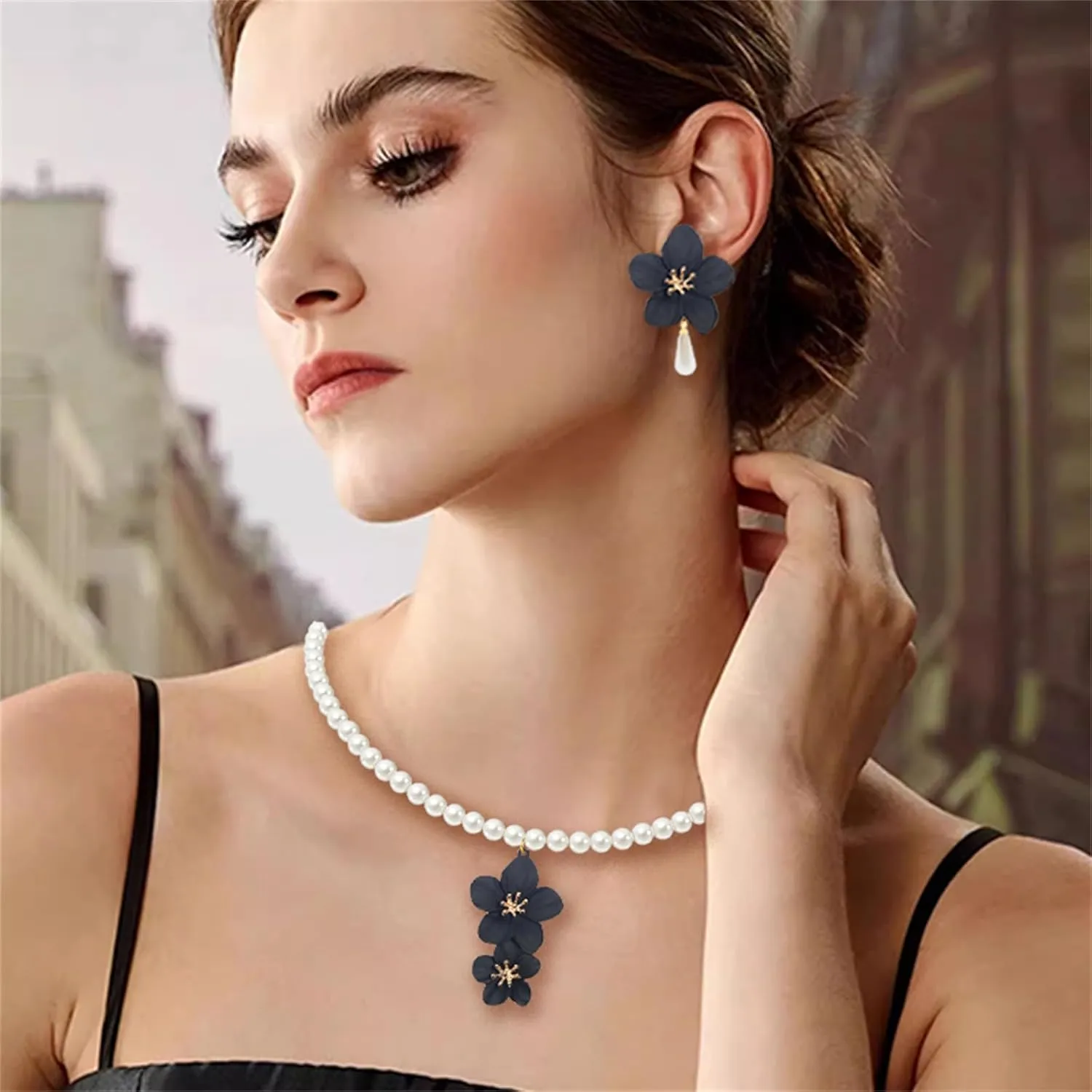 Boho Flower Earrings Necklace Stes for Women Handmade Pearl Flower Necklace Layered Floral Petal Earrings Cute Boho Matte Flower Statement Earrings Boho Wedding Jewelry