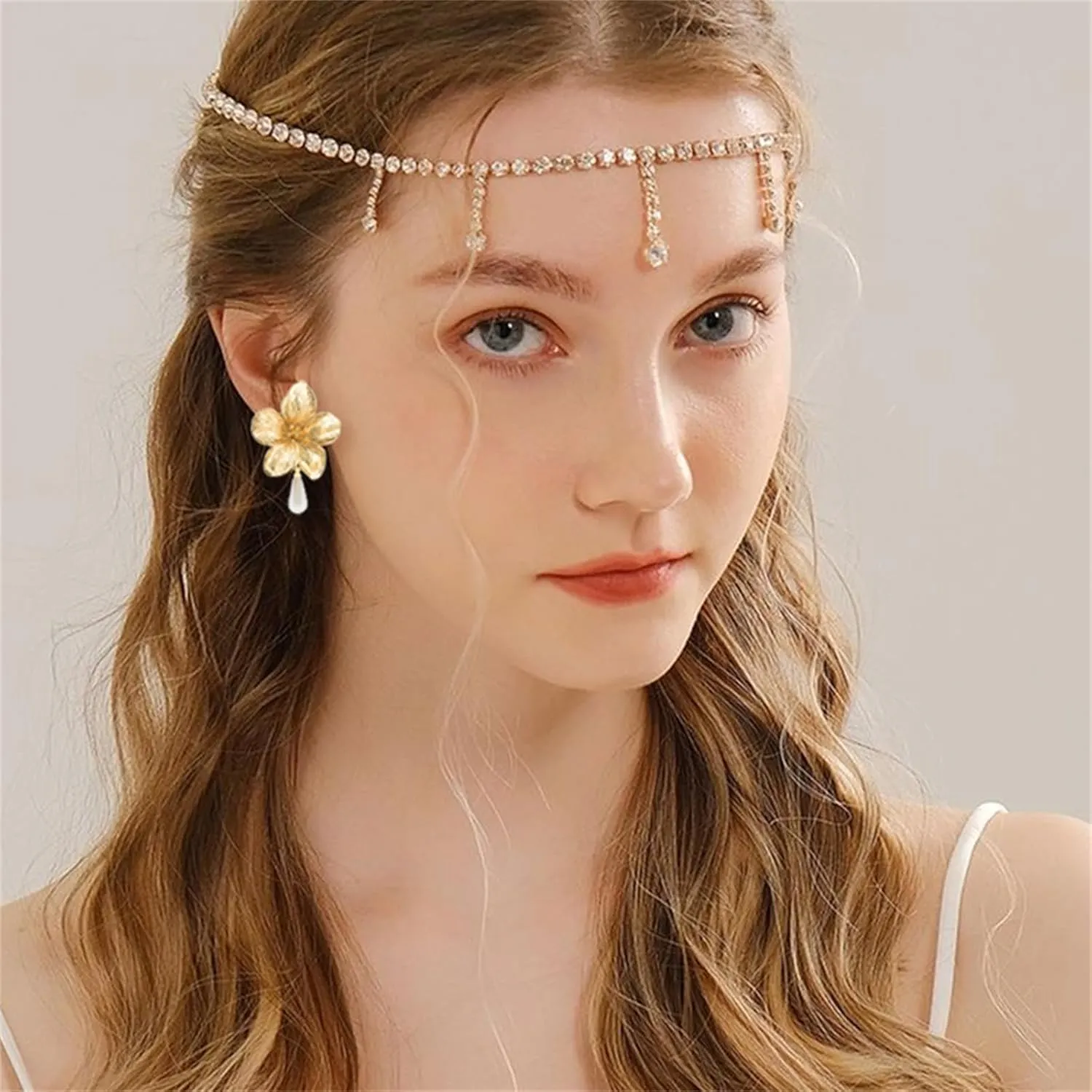 Boho Flower Earrings Necklace Stes for Women Handmade Pearl Flower Necklace Layered Floral Petal Earrings Cute Boho Matte Flower Statement Earrings Boho Wedding Jewelry