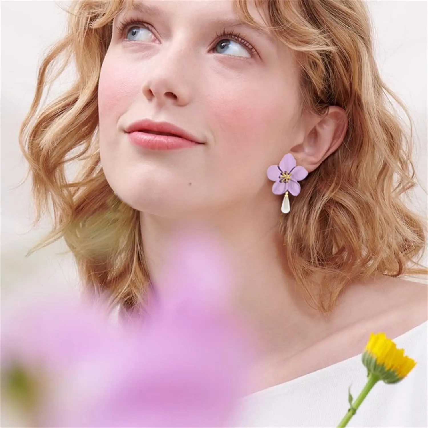 Boho Flower Earrings Necklace Stes for Women Handmade Pearl Flower Necklace Layered Floral Petal Earrings Cute Boho Matte Flower Statement Earrings Boho Wedding Jewelry