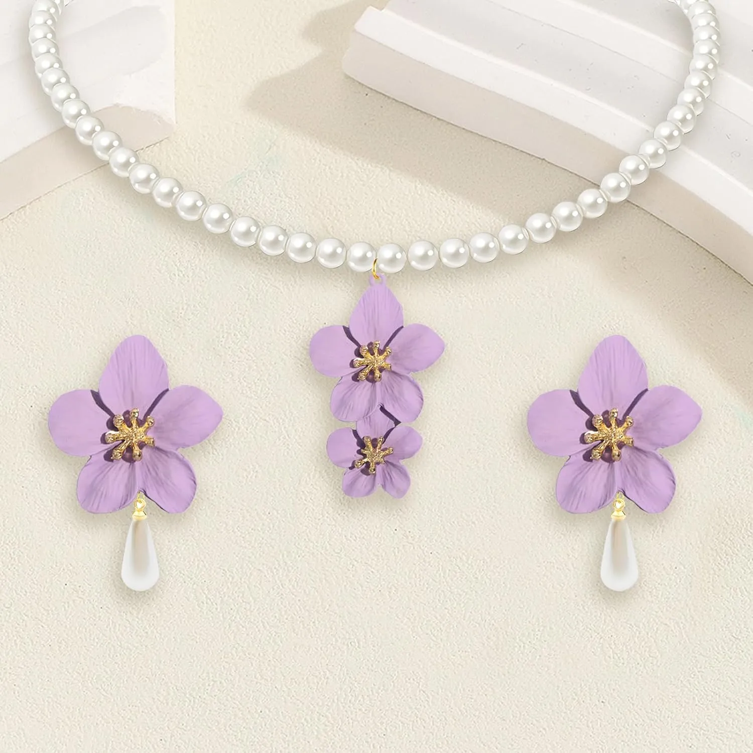 Boho Flower Earrings Necklace Stes for Women Handmade Pearl Flower Necklace Layered Floral Petal Earrings Cute Boho Matte Flower Statement Earrings Boho Wedding Jewelry