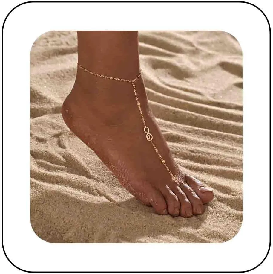 Boho Gold Infinity Toe Ring Anklet Barefoot Sandal Chain Beach Summer Foot Chain Satellite Anklet Bracelets Jewelry for Women