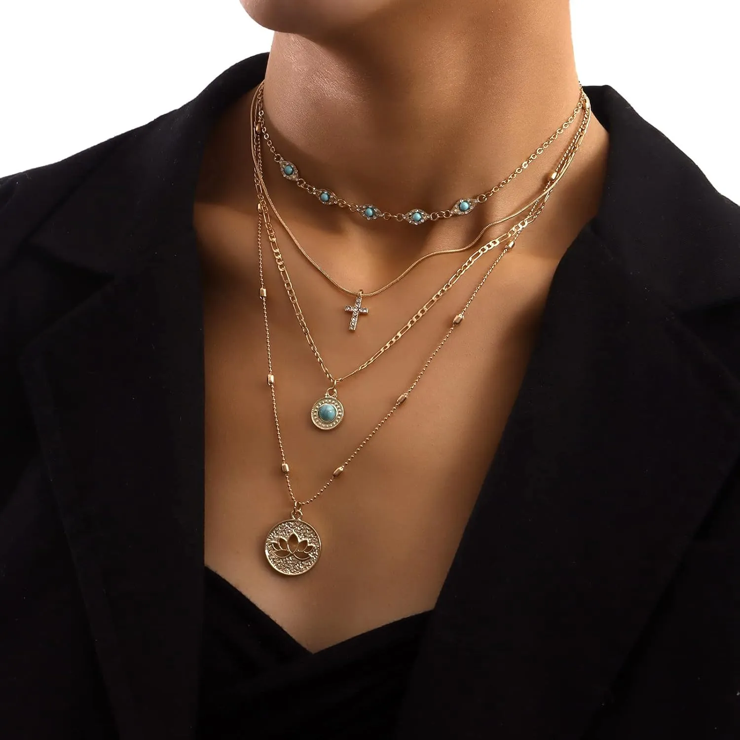 Boho Gold Layered Turquoise Coin Necklace Summer Boho Layered Stacked Pendant Necklace Country Concert Necklace Long Chain for Women s