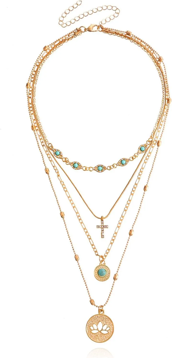 Boho Gold Layered Turquoise Coin Necklace Summer Boho Layered Stacked Pendant Necklace Country Concert Necklace Long Chain for Women s