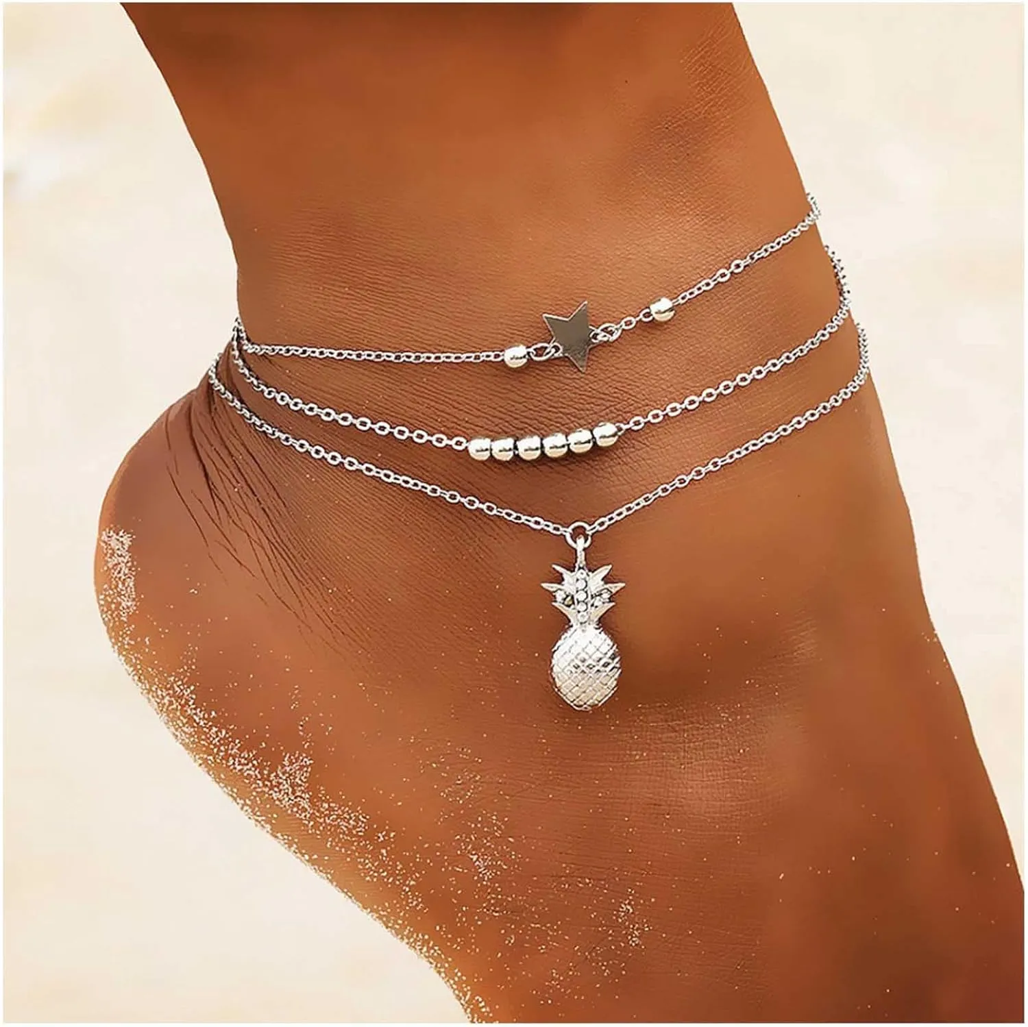 Boho Layered Star Anklet Bracelet Cz Pineapple Anklet Chain Gold Beaded Ankle Bracelets Beach Star Foot Chain Jewelry for Women