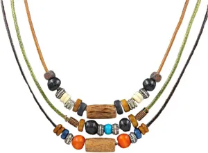 Boho Layered Wooden Beads Necklace Colorful Wooden Bead Braided Necklace for Men Women Adjustable Wooden Bead Pendant Necklace Jewelry
