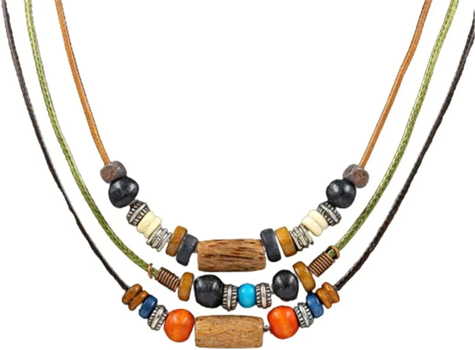 Boho Layered Wooden Beads Necklace Colorful Wooden Bead Braided Necklace for Men Women Adjustable Wooden Bead Pendant Necklace Jewelry