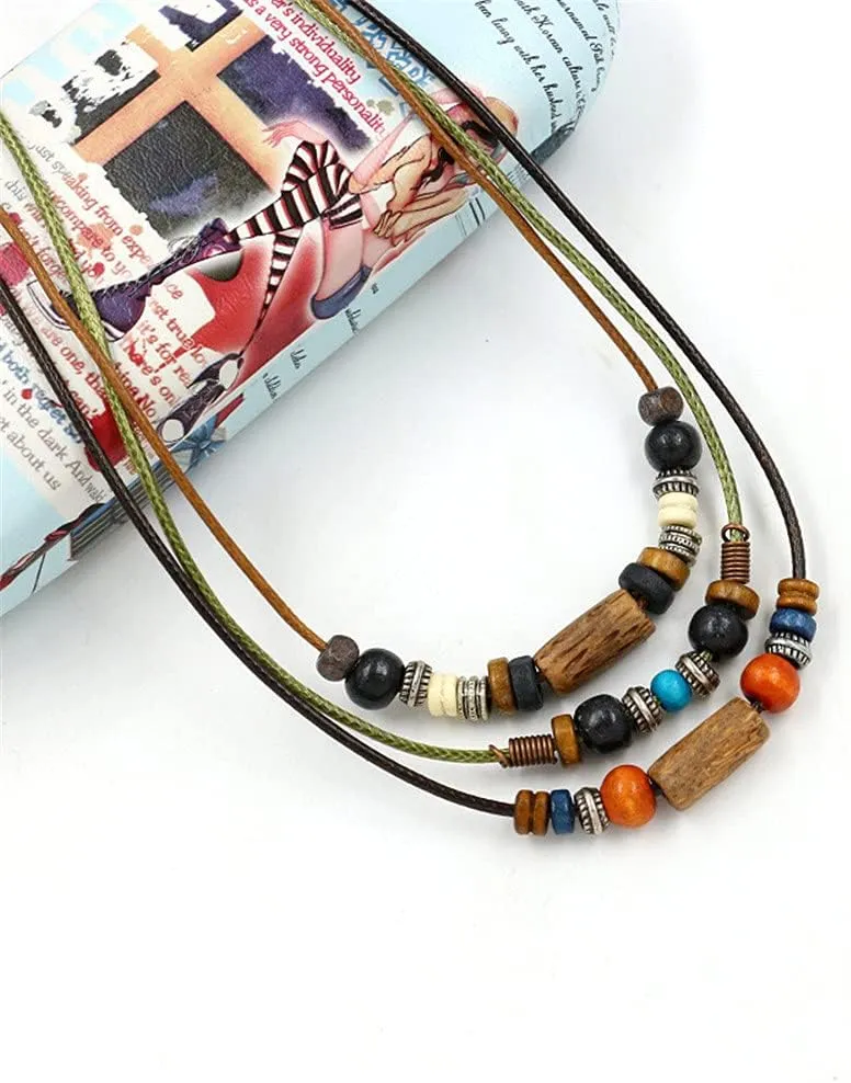 Boho Layered Wooden Beads Necklace Colorful Wooden Bead Braided Necklace for Men Women Adjustable Wooden Bead Pendant Necklace Jewelry