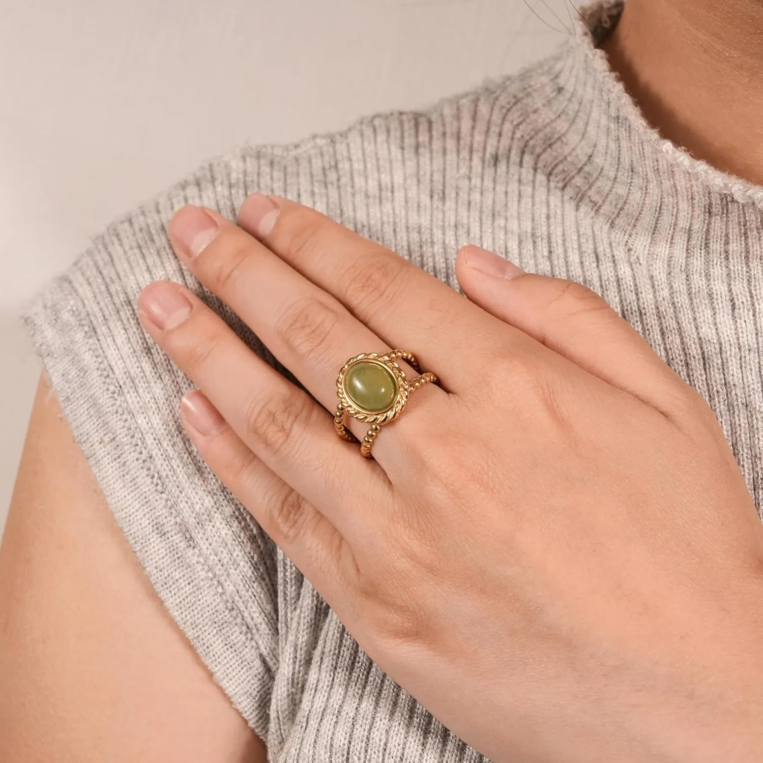 Boho Natural Stone Chunky Rings|Turquoise|Green Aventurine|Black Obsidian|Amazonite|Red Agate Adjustable 18k Gold Plated Stainless Steel Stackable Party Rings