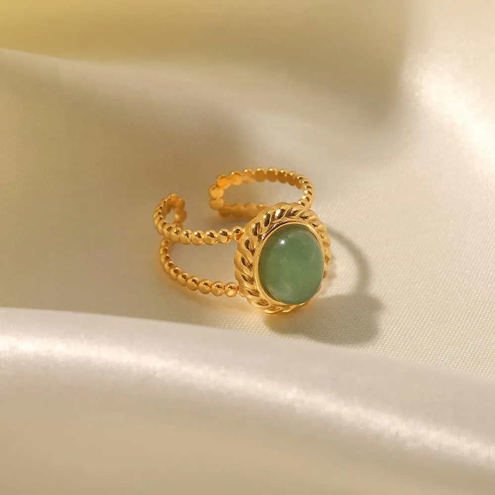 Boho Natural Stone Chunky Rings|Turquoise|Green Aventurine|Black Obsidian|Amazonite|Red Agate Adjustable 18k Gold Plated Stainless Steel Stackable Party Rings