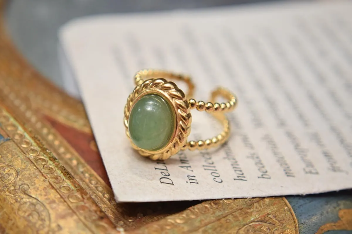Boho Natural Stone Chunky Rings|Turquoise|Green Aventurine|Black Obsidian|Amazonite|Red Agate Adjustable 18k Gold Plated Stainless Steel Stackable Party Rings