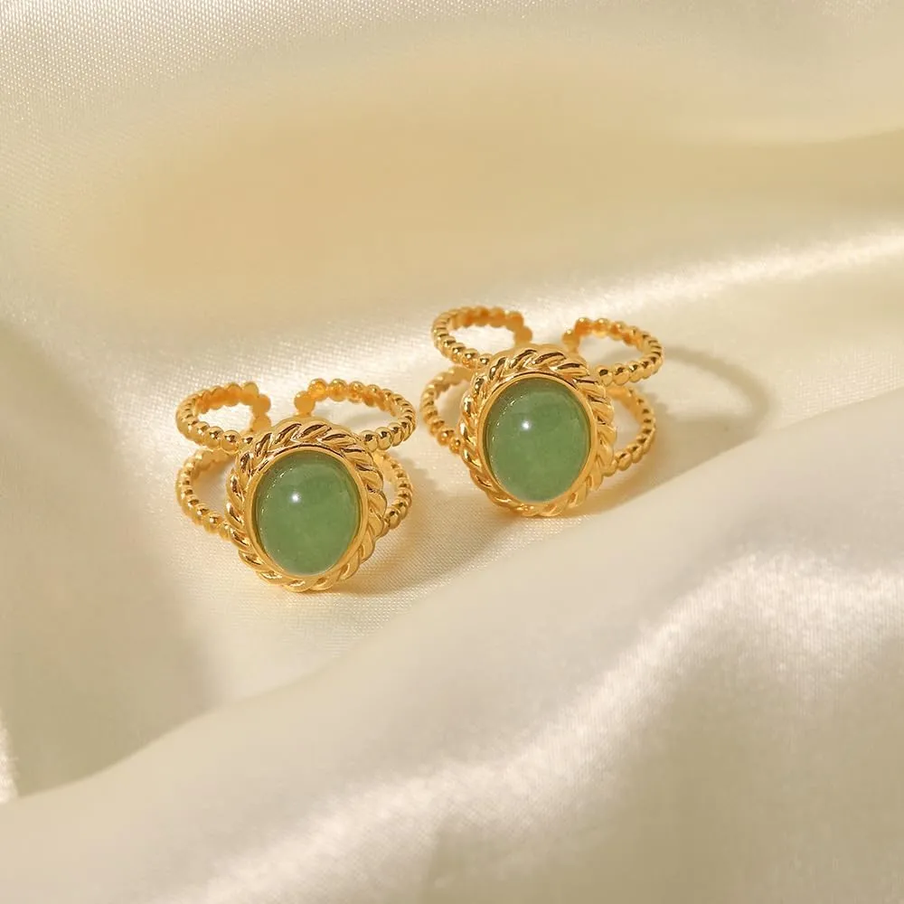 Boho Natural Stone Chunky Rings|Turquoise|Green Aventurine|Black Obsidian|Amazonite|Red Agate Adjustable 18k Gold Plated Stainless Steel Stackable Party Rings