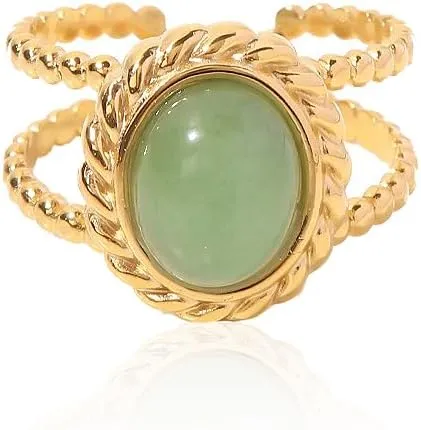 Boho Natural Stone Chunky Rings|Turquoise|Green Aventurine|Black Obsidian|Amazonite|Red Agate Adjustable 18k Gold Plated Stainless Steel Stackable Party Rings