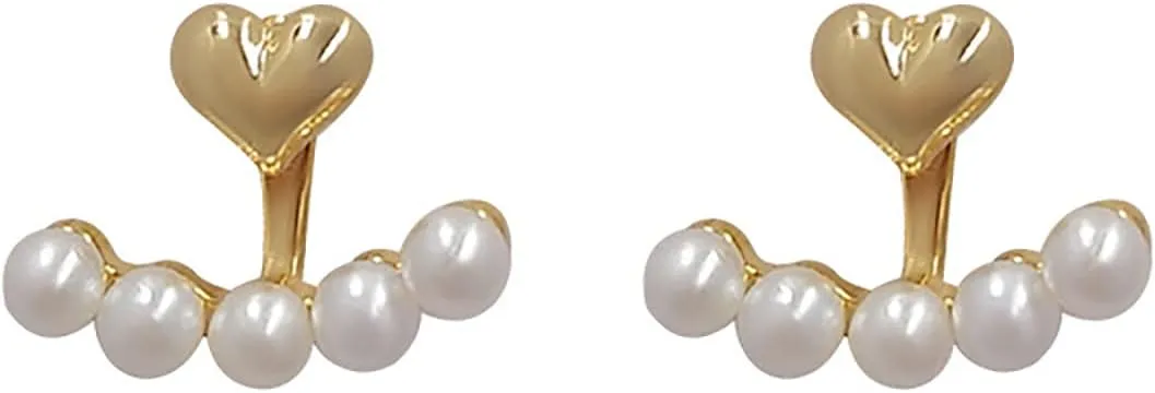 Boho Pearl Ear Jacket Earrings Gold Heart Studs Earrings Love Heart Earrings Retro Double Sided Studs Earrings Jewelry for Women