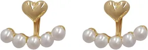 Boho Pearl Ear Jacket Earrings Gold Heart Studs Earrings Love Heart Earrings Retro Double Sided Studs Earrings Jewelry for Women