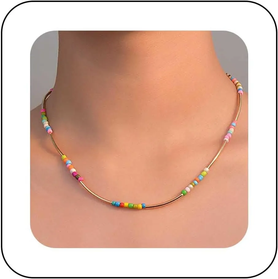 Boho Rainbow Seed Bead Choker Necklace Bead Tube Necklace Colorful Rice Bead Necklace Curved Bar Necklace Bead Pendent Necklace Jewelry for Women