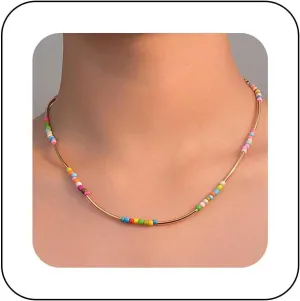 Boho Rainbow Seed Bead Choker Necklace Bead Tube Necklace Colorful Rice Bead Necklace Curved Bar Necklace Bead Pendent Necklace Jewelry for Women