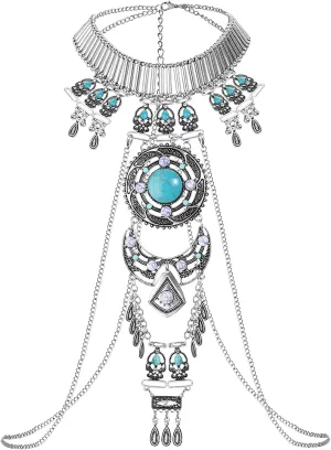 Boho Statement Turquoise Necklace Dancer Necklace Crossover Harness Bikini Waist Belly Sexy Body Chains for Women