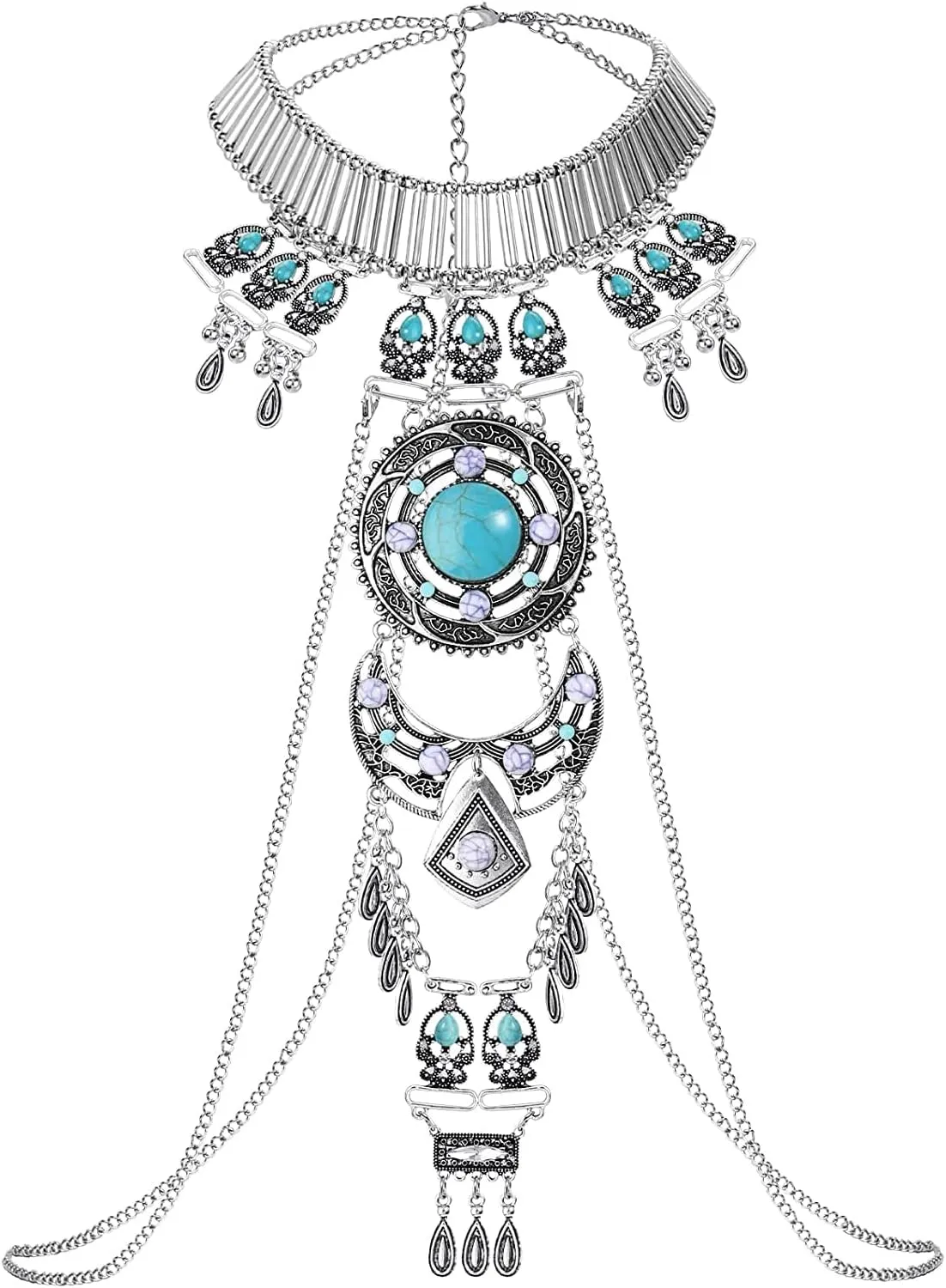 Boho Statement Turquoise Necklace Dancer Necklace Crossover Harness Bikini Waist Belly Sexy Body Chains for Women
